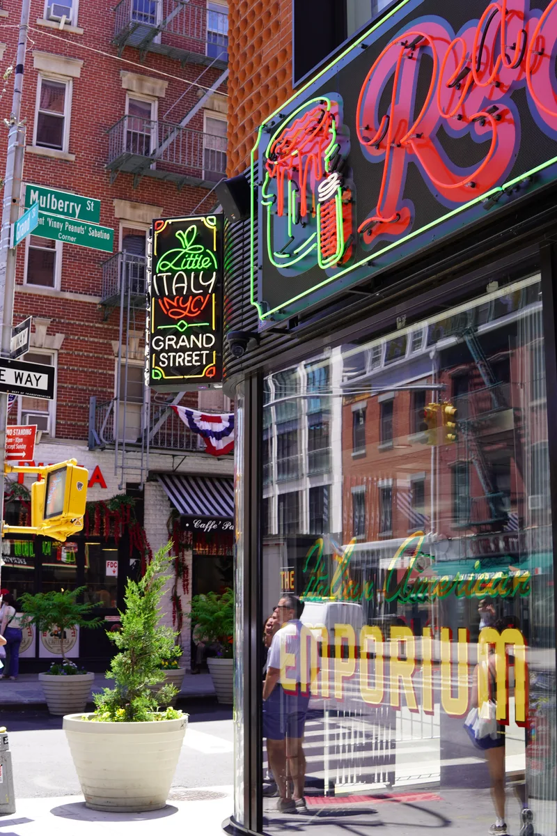 Red and green neon storefront signs reflected in a neighborhood shop window