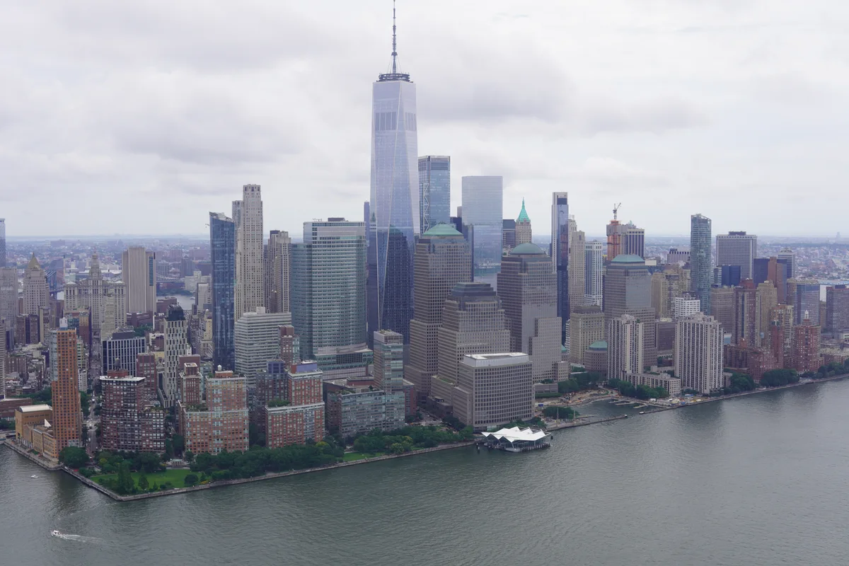 Lower Manhattan and One World Trade Center seen from above the river